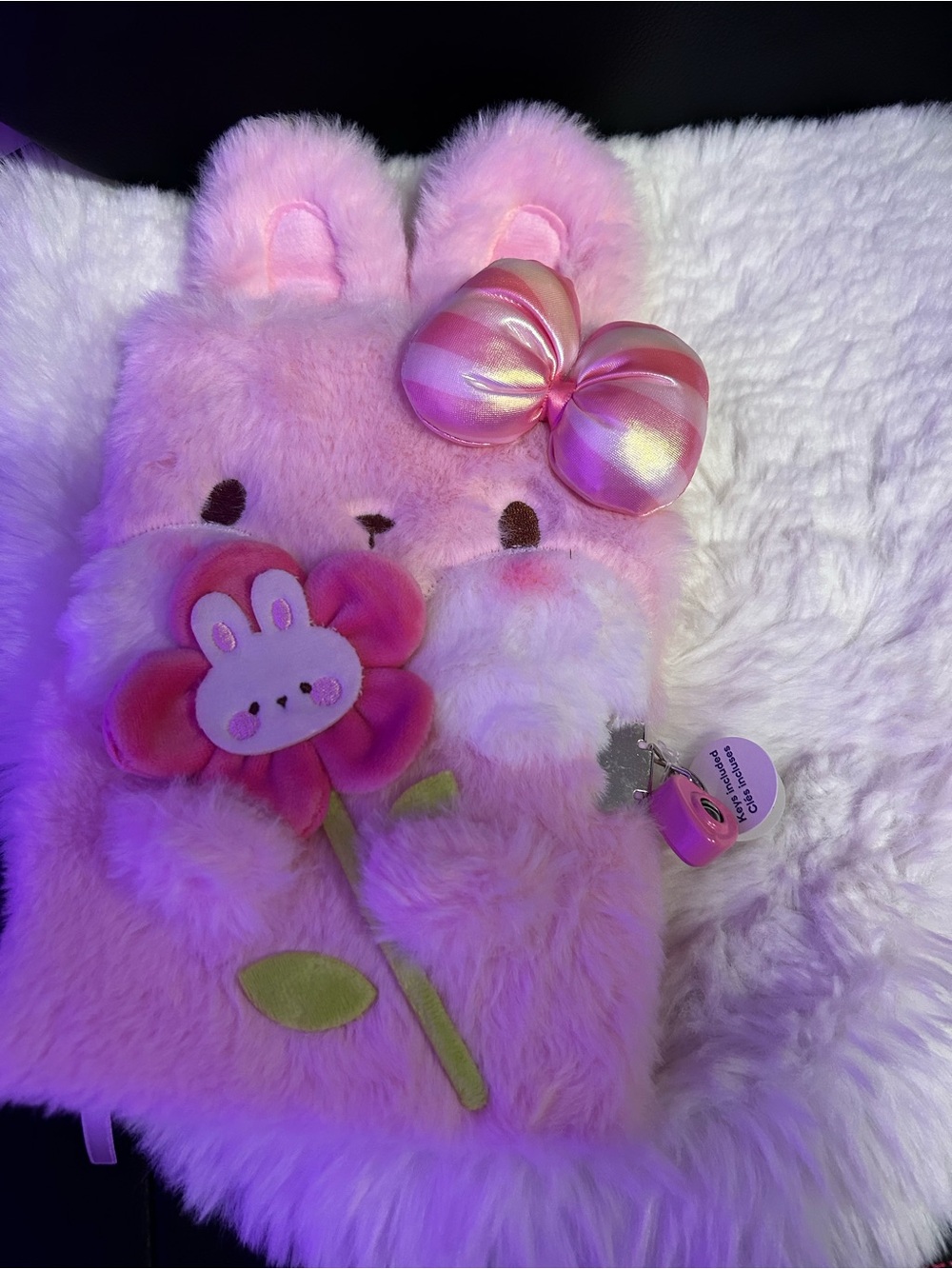 Pink Plush Bunny Kids Diary with Bow and Flower